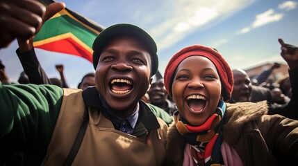 Ecstatic african couple celebrating and spreading joy with south african flag in the background