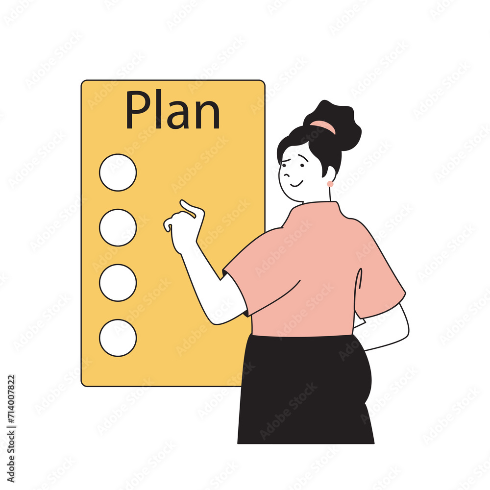 Poster Time management concept with cartoon people in flat design for web. Woman planning schedule and work tasks performance in to-do list. Vector illustration for social media banner, marketing material.