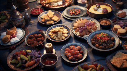 Fototapeta na wymiar A colorful spread of traditional Ramadhan foods, including dates, samosas, and biryani
