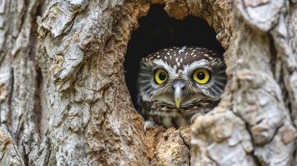 Little Owl Peeking Out from Tree Hollow