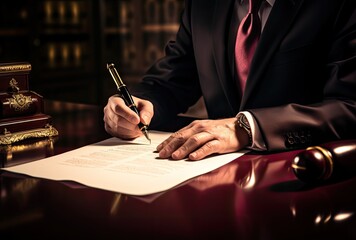 A confident man in a suit assertively signs a contract after thoroughly reviewing its contents.