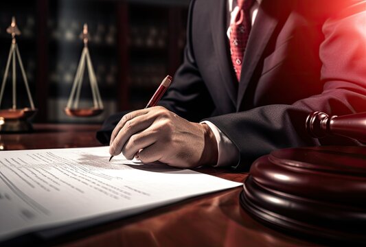 A lawyer confidently signing a contract, reflecting assurance and professionalism in the legal process.