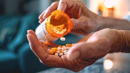 Senior Hands Holding a Bottle and Pills for Medication