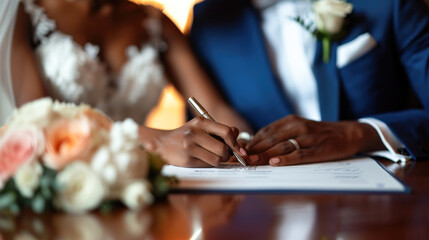 African American Couple Signing a Document, Close-Up of Hands and Pen