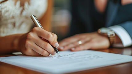 Couple Signing a Document, Close-Up of Hands and Pen