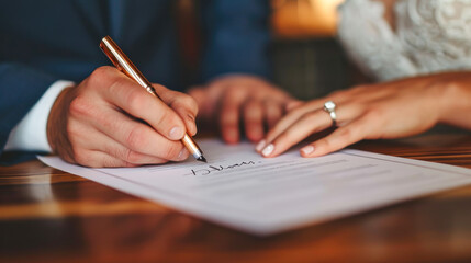 Couple Signing a Document, Close-Up of Hands and Pen