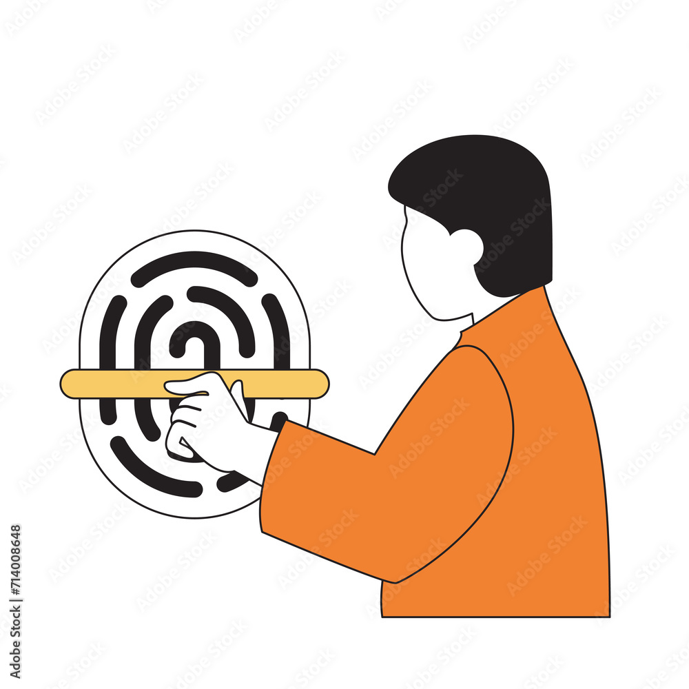 Poster virtual reality concept with cartoon people in flat design for web. man uses fingerprint scan for bi
