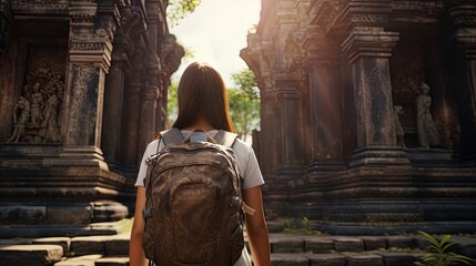 Naklejka premium A backpack on the shoulder of a girl standing in front of the entrance to the old temple