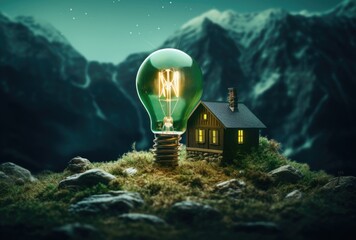 Glowing light bulbs are placed next to wooden house models, symbolizing an environmentally conscious approach to home construction or renovation. - obrazy, fototapety, plakaty