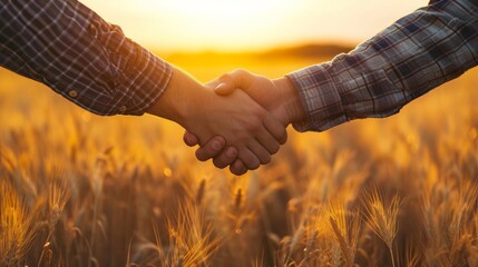 Close up of two unrecognizable men shaking hands on wheat field at sunset     