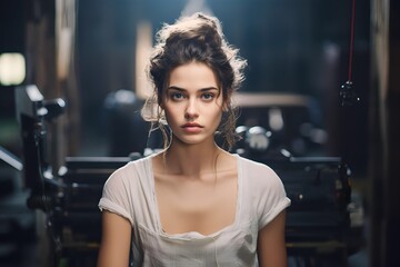 Fototapeta premium Caucasian actress in backstage concentration before filming