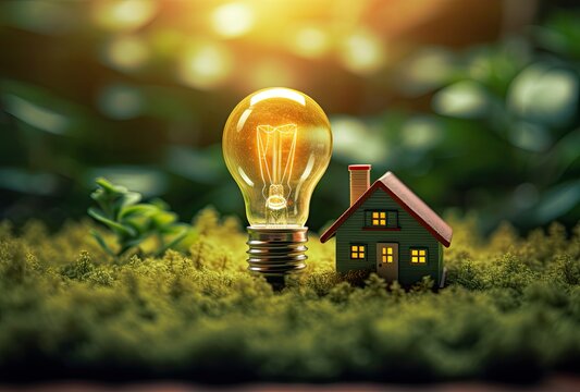 Glowing light bulbs are placed next to a wooden house model, symbolizing an ecological approach to home construction or renovation.