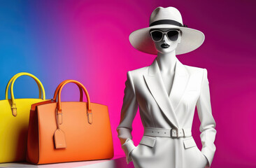 mannequin of woman with handbag, hat and sunglasses on vibrant background. fashion collection sale.