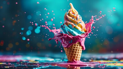 Melting ice cream cone with colored splash. Creative summer background. Refreshment dessert     - obrazy, fototapety, plakaty