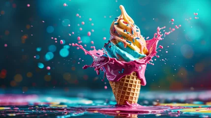 Foto auf Alu-Dibond Melting ice cream cone with colored splash. Creative summer background. Refreshment dessert     © Emil