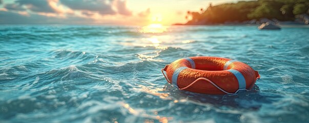 Summer safety at sea with blue water rescue ring floating buoy in ocean for emergency life saving protection security assistance from lifeguard round lifesaver saver against danger survival guard - obrazy, fototapety, plakaty