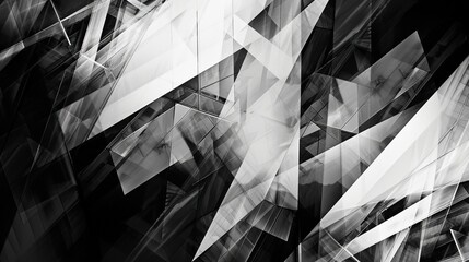 modern abstract black and white background design with layers of textured white transparent material in triangle diamond and squares shapes in random geometric pattern