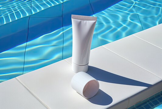 A mockup of a white blank cosmetic bottle tube placed on the surface of the water.
