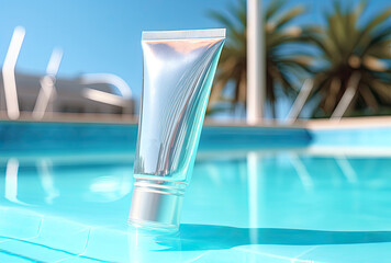 features a bottle of collagen-filled serum against a backdrop of blue water with gentle waves.