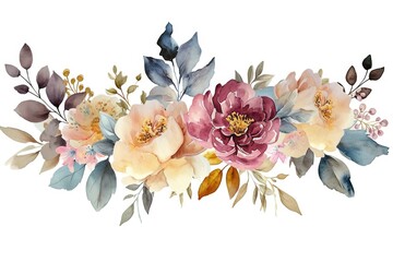 A delicate watercolor painting of a floral arrangement with blush blooms, and foliage on a white background.. - obrazy, fototapety, plakaty