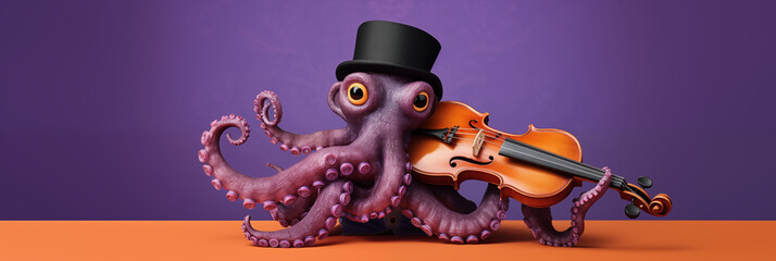 Octopus with Violin and Top Hat on Stage