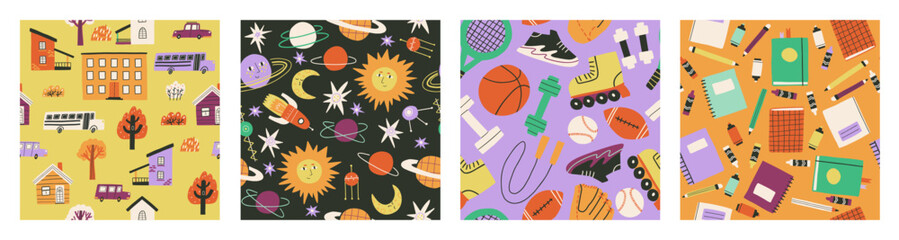 set of seamless patterns on the theme of school. school, school subjects, sports, inventory. hand drawn vector illustration.