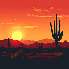 Serene Desert Sunset with Cacti Silhouettes