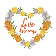 Love Blooms typography with handwritten calligraphy text, isolated on white background. Vector Illustration