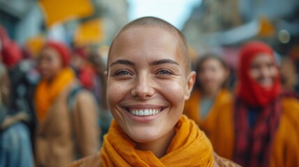 Portrait of a beautiful young bald woman with bright smile in the street rally protest.