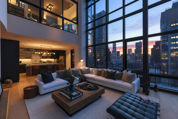 Sleek Loft Design with Generous Living Room and Expansive Window View