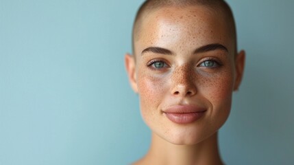 Portrait of beautiful young bald woman with freckles on her face, headshot. - obrazy, fototapety, plakaty