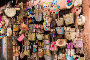 Marrakech, Morocco - March 28, 2022: All kinds of souvenirs exhibited in a shop in the ancient...