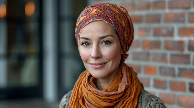 Portrait of a beautiful mid adult woman with a scarf on her head.
