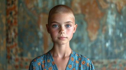 Portrait of a little girl with short hair in a turquoise dress. Weak kid with cancer.