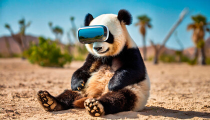 An extravagant Panda sitting in the middle of the arid desert while wearing an augmented reality headset and imagining being elsewhere. Concept of wild life conditioned by humans.