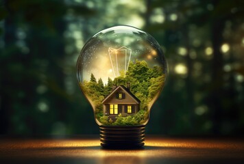 Glowing light bulbs are placed next to a wooden house model, symbolizing an ecological approach to home construction or renovation. - obrazy, fototapety, plakaty