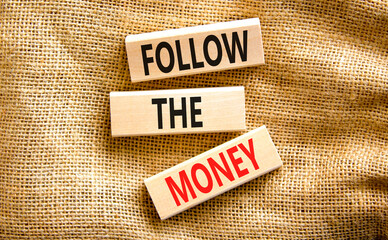 Follow the money symbol. Concept words Follow the money on beautiful wooden blocks. Beautiful canvas table canvas background. Business and follow the money concept. Copy space.