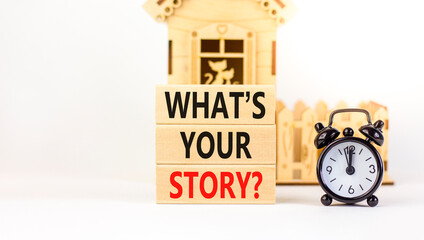 Storytelling and what is your story symbol. Concept words What is your story on blocks. Beautiful white background. Black alarm clock. Business storytelling and what is your story concept. Copy space.