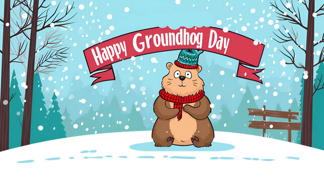 An image showcasing a marmot in a snowy setting, complemented by the message Happy Groundhog Day