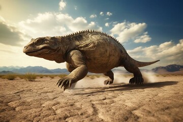 sprinting prehistoric reptile crossing arid land. Generative AI