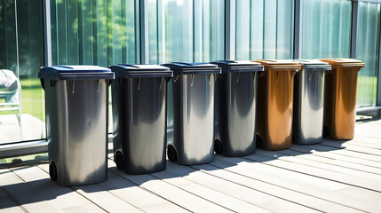 Three full dustbins for sorting trash on the backyard - obrazy, fototapety, plakaty