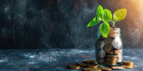 Growth concept with coins and plant symbolizing invest finance business money tree showing economy financial banking success leaf profit savings green nature in jar for retirement income economic - obrazy, fototapety, plakaty