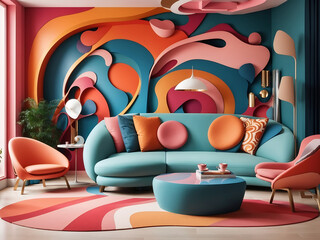 Lounge area design with an organic design concept, abstract and full of curve elements. The vibrant and playful colour palette for the interior wall and furniture design.