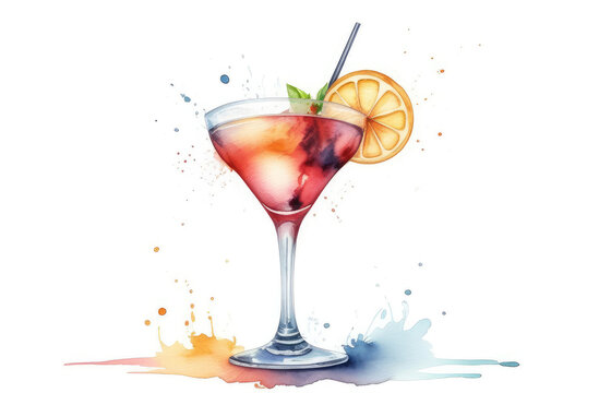 vibrant watercolor illustration of refreshing cocktail. alcohol drink in glass with orange slice.