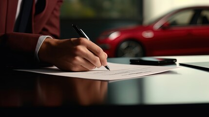 A hand signing a leasing agreement on a new car - obrazy, fototapety, plakaty