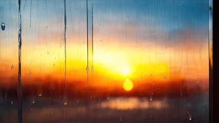 Transparent window glass after rain with water drops showing blur sky and sunset