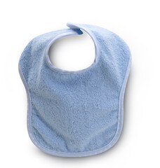 Babero azul de niño sobre fondo blanco. Boy's blue bib on white background.