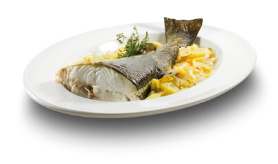 Bacalao al horno sobre patatas. Baked cod on potatoes.