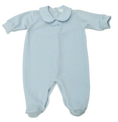 Pijama azul entero de bebé sobre fondo blanco. Complete blue baby pajamas on a white background