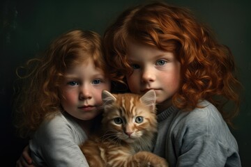Fototapeta na wymiar Two cute curly redhead little girls embracing ginger cat looking at camera over dark background. Cinematic lightening